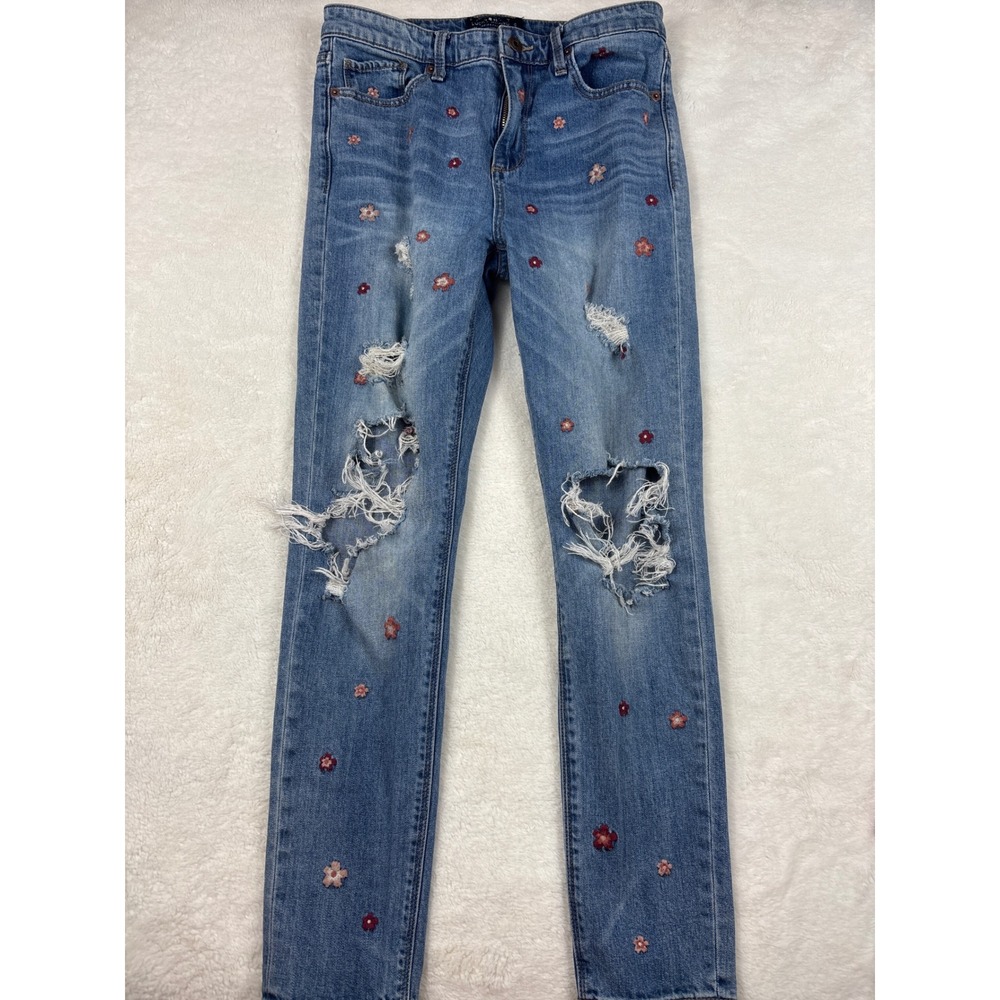 Lucky Brand Bridgette Skinny Jeans Blue Floral Embroidered Distressed Size 6/28